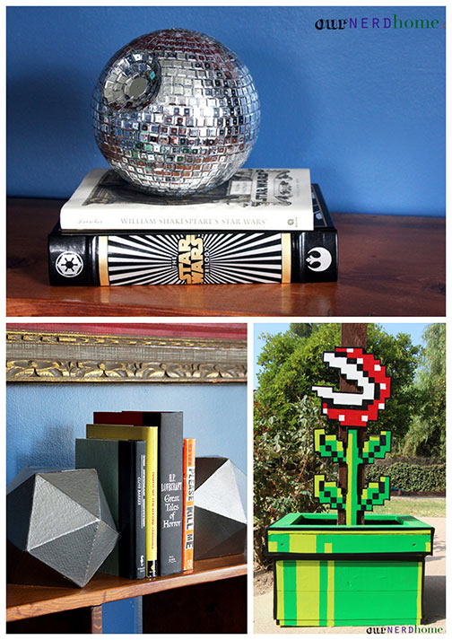 Our Nerd Home geek DIY projects - Disco ball death star, D20 bookends, Mario plant