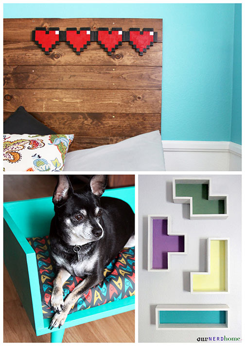 Our Nerd Home DIY geek projects - Legend of Zelda headboard, Star Trek mid century dog bed, Tetris Shelves